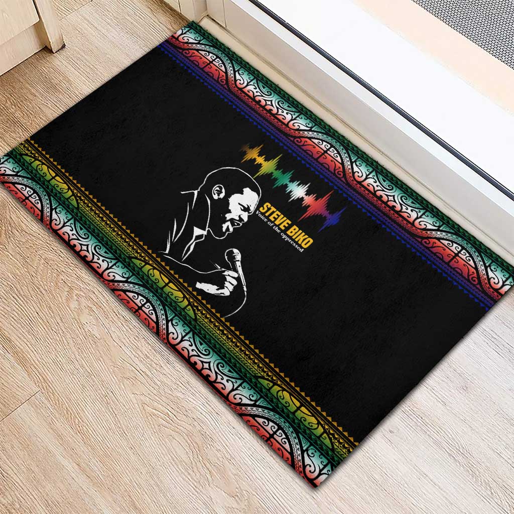 Steve Biko Rubber Doormat with Microphone Portrait, Black Consciousness Quote and Vibrant Ethnic Wave - African Pride