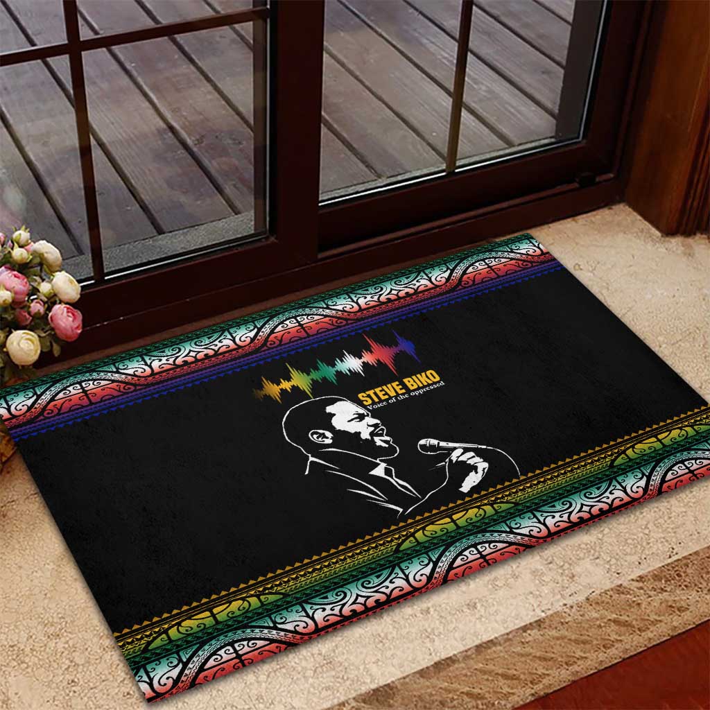 Steve Biko Rubber Doormat with Microphone Portrait, Black Consciousness Quote and Vibrant Ethnic Wave - African Pride