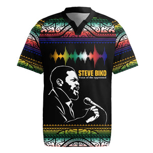 Steve Biko Rugby Jersey with Microphone Portrait, Black Consciousness Quote and Vibrant Ethnic Wave - African Pride