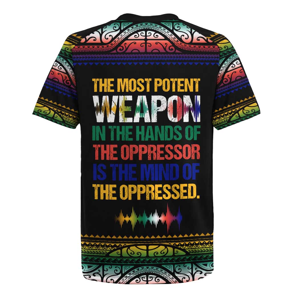 Steve Biko Rugby Jersey with Microphone Portrait, Black Consciousness Quote and Vibrant Ethnic Wave - African Pride