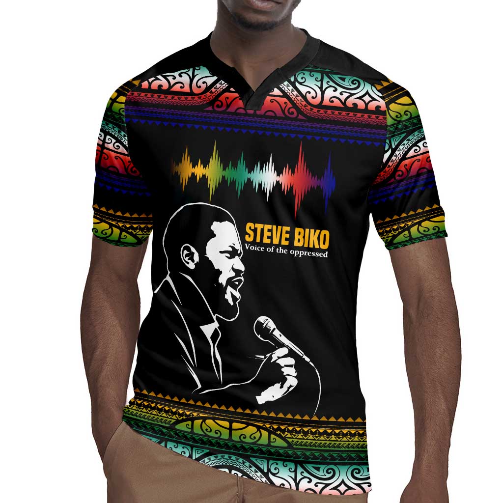 Steve Biko Rugby Jersey with Microphone Portrait, Black Consciousness Quote and Vibrant Ethnic Wave - African Pride