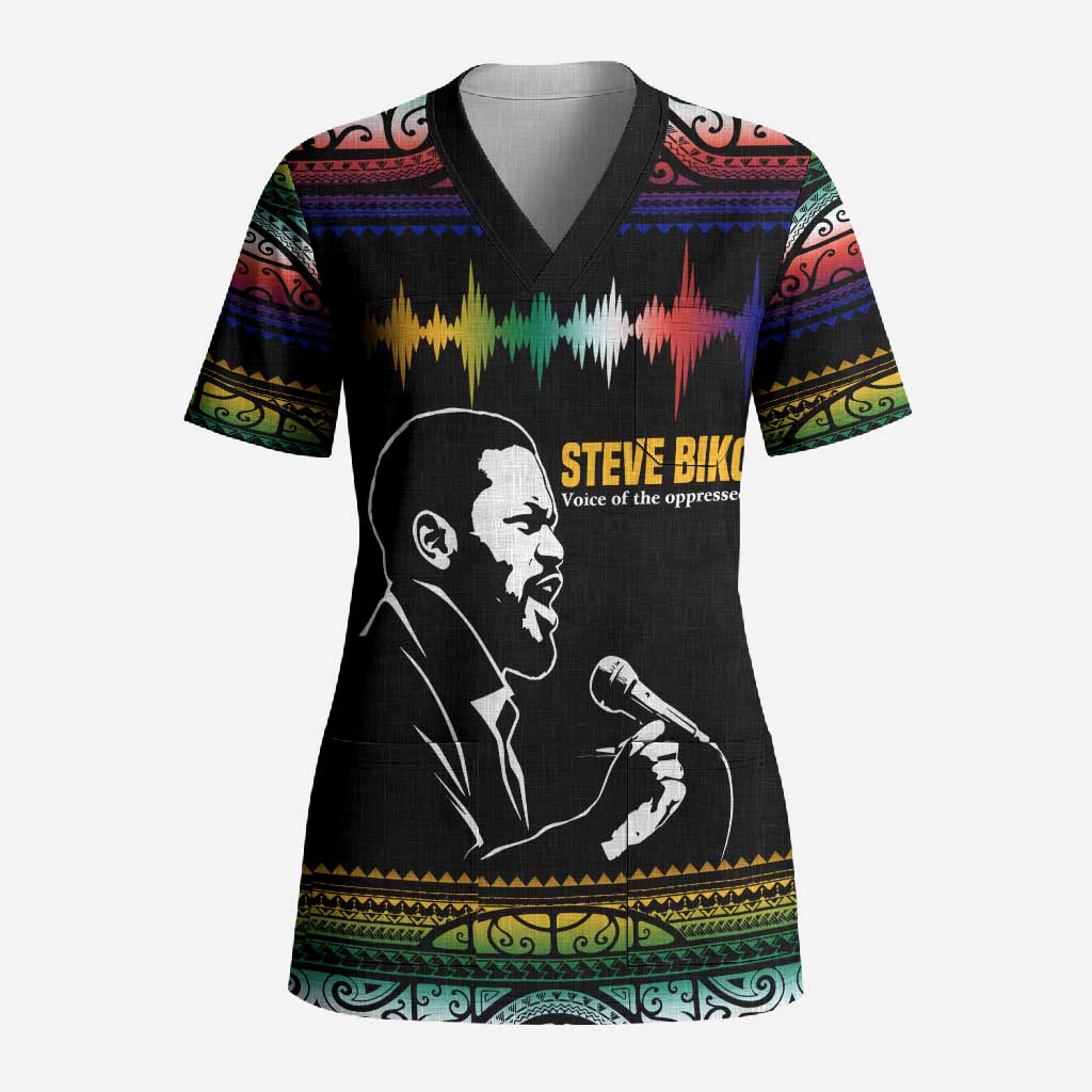 Steve Biko Scrub Top with Microphone Portrait, Black Consciousness Quote and Vibrant Ethnic Wave - African Pride