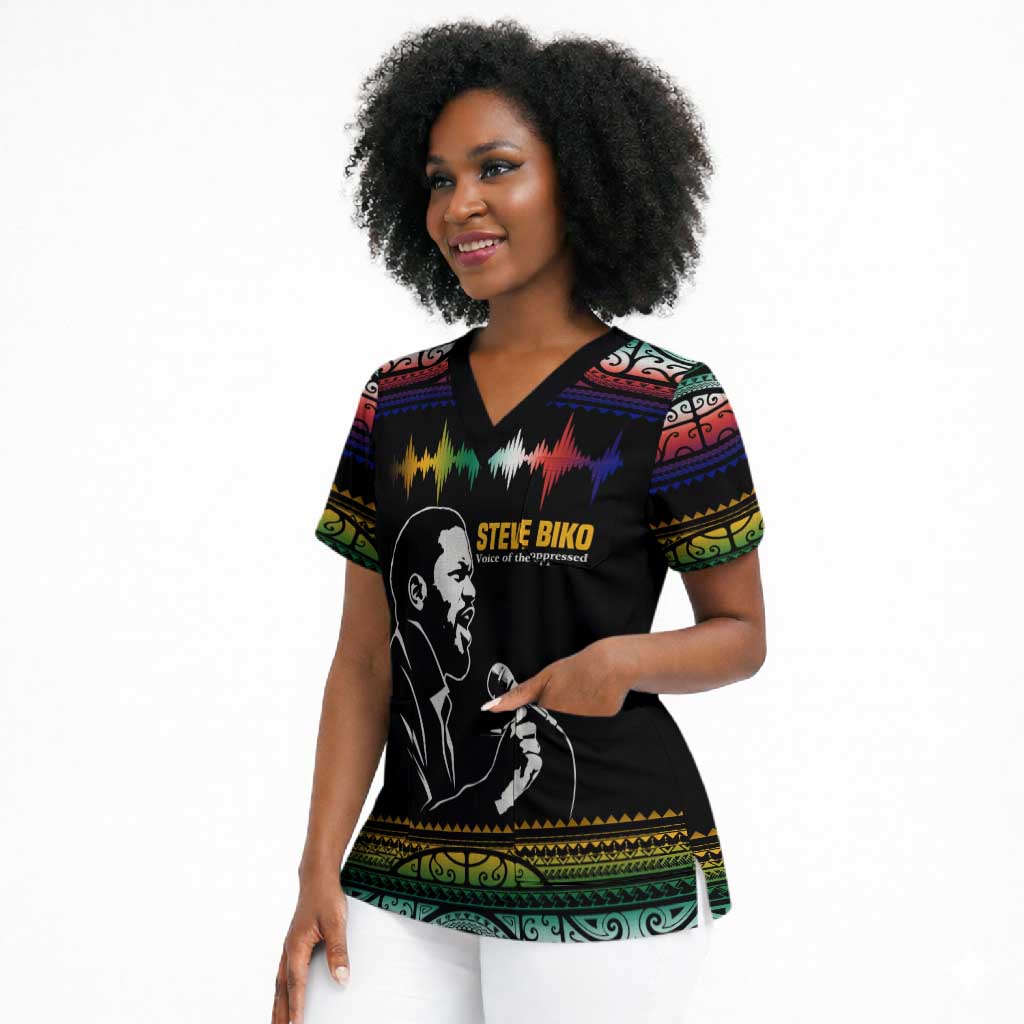 Steve Biko Scrub Top with Microphone Portrait, Black Consciousness Quote and Vibrant Ethnic Wave - African Pride