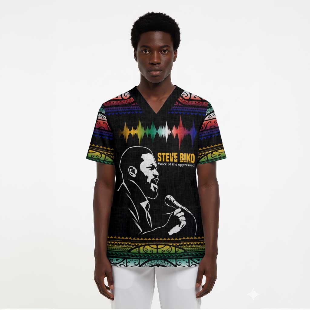 Steve Biko Scrub Top with Microphone Portrait, Black Consciousness Quote and Vibrant Ethnic Wave - African Pride