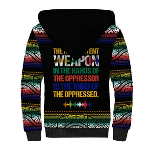 Steve Biko Sherpa Hoodie with Microphone Portrait, Black Consciousness Quote and Vibrant Ethnic Wave - African Pride
