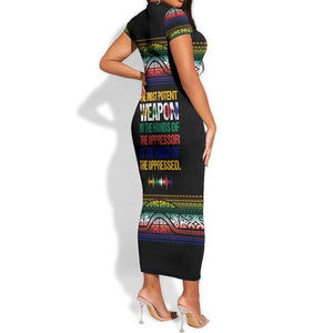 Steve Biko Short Sleeve Bodycon Dress with Microphone Portrait, Black Consciousness Quote and Vibrant Ethnic Wave - African Pride
