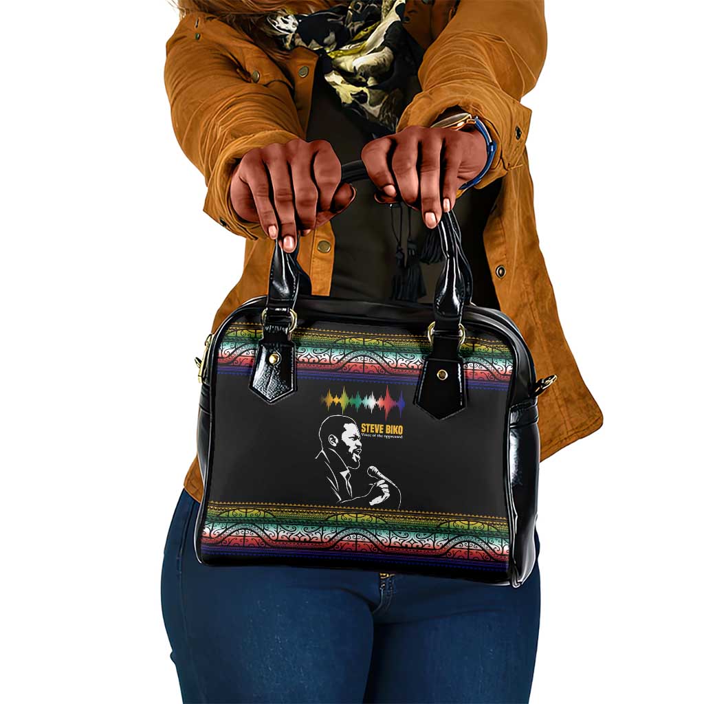 Steve Biko Shoulder Handbag with Microphone Portrait, Black Consciousness Quote and Vibrant Ethnic Wave - African Pride