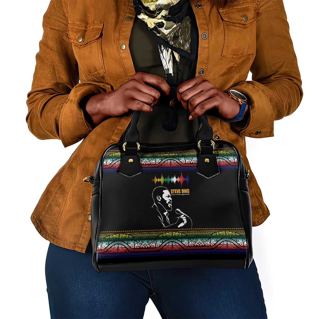 Steve Biko Shoulder Handbag with Microphone Portrait, Black Consciousness Quote and Vibrant Ethnic Wave - African Pride