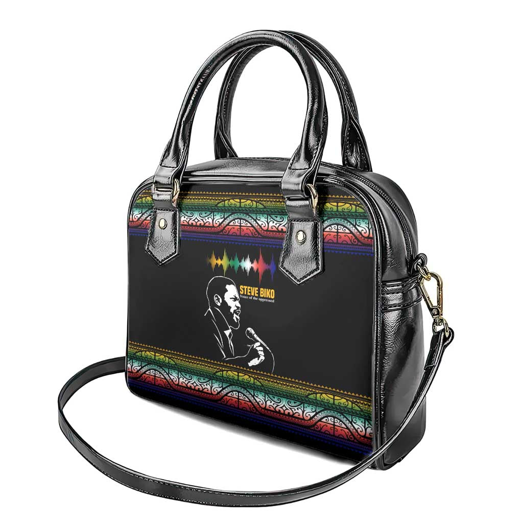 Steve Biko Shoulder Handbag with Microphone Portrait, Black Consciousness Quote and Vibrant Ethnic Wave - African Pride