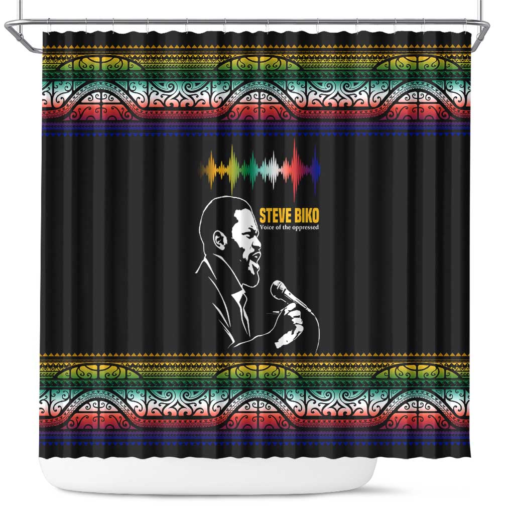 Steve Biko Shower Curtain with Microphone Portrait, Black Consciousness Quote and Vibrant Ethnic Wave - African Pride