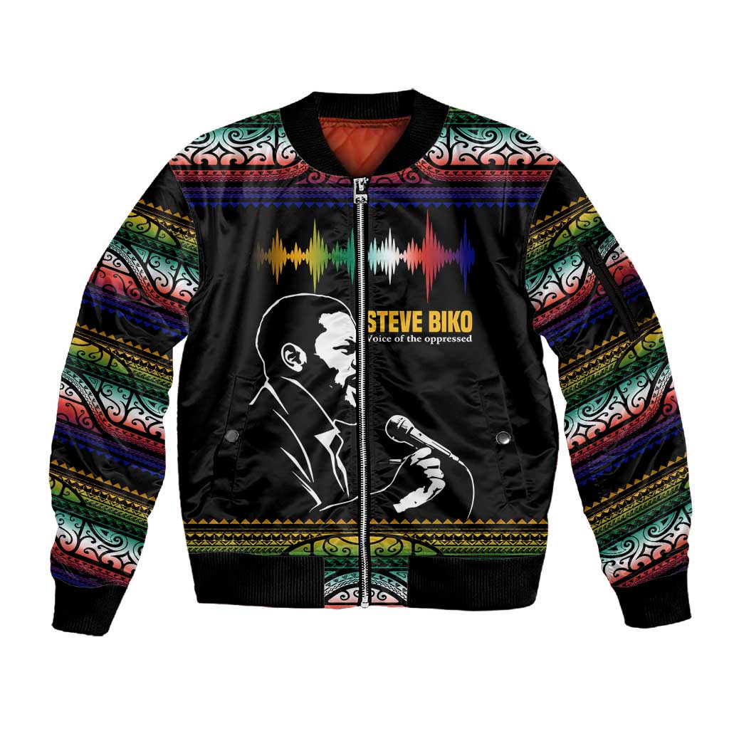 Steve Biko Sleeve Zip Bomber Jacket with Microphone Portrait, Black Consciousness Quote and Vibrant Ethnic Wave - African Pride