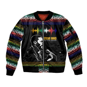 Steve Biko Sleeve Zip Bomber Jacket with Microphone Portrait, Black Consciousness Quote and Vibrant Ethnic Wave - African Pride