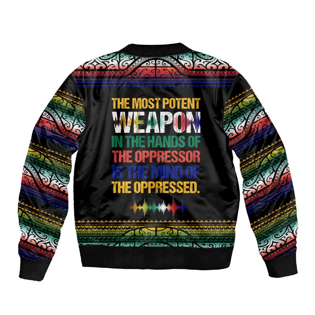 Steve Biko Sleeve Zip Bomber Jacket with Microphone Portrait, Black Consciousness Quote and Vibrant Ethnic Wave - African Pride