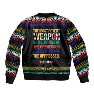 Steve Biko Sleeve Zip Bomber Jacket with Microphone Portrait, Black Consciousness Quote and Vibrant Ethnic Wave - African Pride