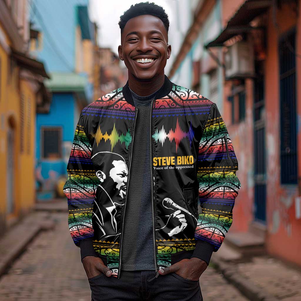 Steve Biko Sleeve Zip Bomber Jacket with Microphone Portrait, Black Consciousness Quote and Vibrant Ethnic Wave - African Pride