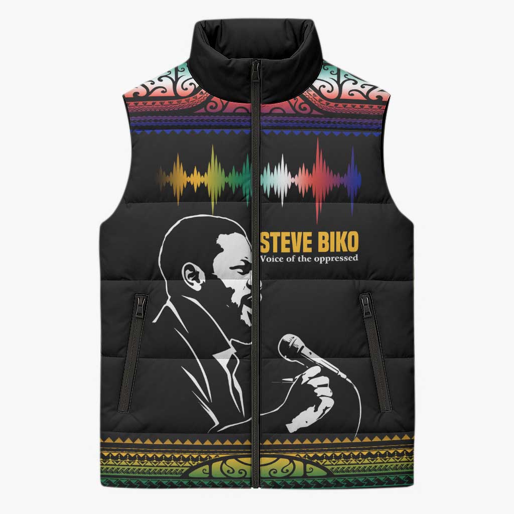 Steve Biko Sleeveless Puffer Jacket with Microphone Portrait, Black Consciousness Quote and Vibrant Ethnic Wave - African Pride