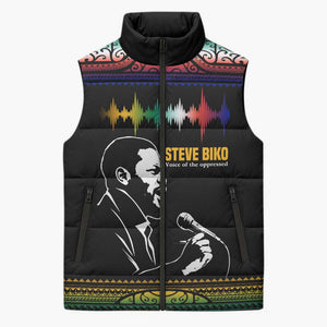 Steve Biko Sleeveless Puffer Jacket with Microphone Portrait, Black Consciousness Quote and Vibrant Ethnic Wave - African Pride