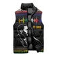 Steve Biko Sleeveless Puffer Jacket with Microphone Portrait, Black Consciousness Quote and Vibrant Ethnic Wave - African Pride