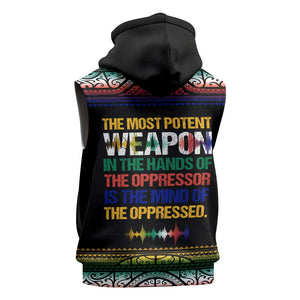 Steve Biko Sleeveless Zip Hoodie with Microphone Portrait, Black Consciousness Quote and Vibrant Ethnic Wave - African Pride