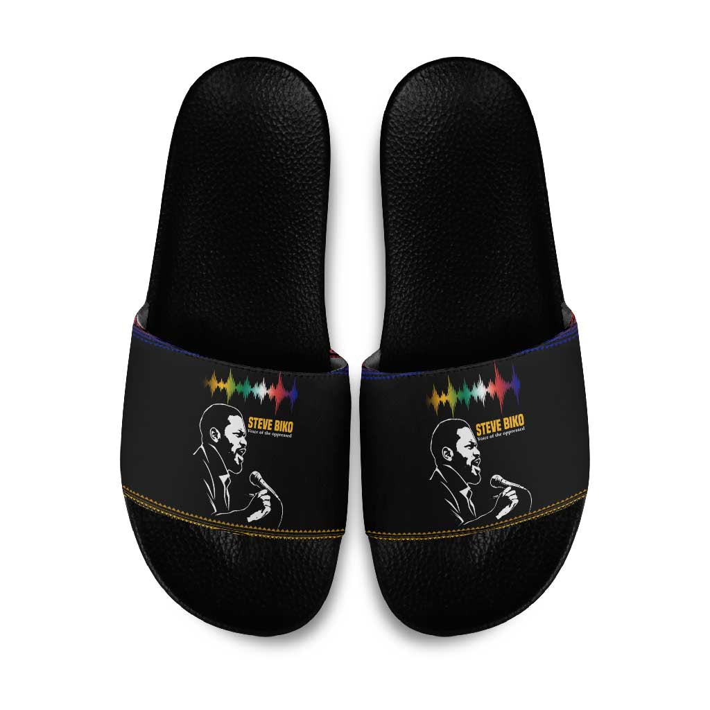 Steve Biko Slide Sandals with Microphone Portrait, Black Consciousness Quote and Vibrant Ethnic Wave - African Pride