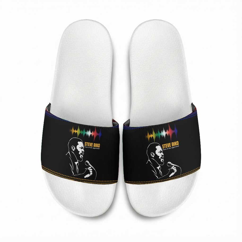 Steve Biko Slide Sandals with Microphone Portrait, Black Consciousness Quote and Vibrant Ethnic Wave - African Pride