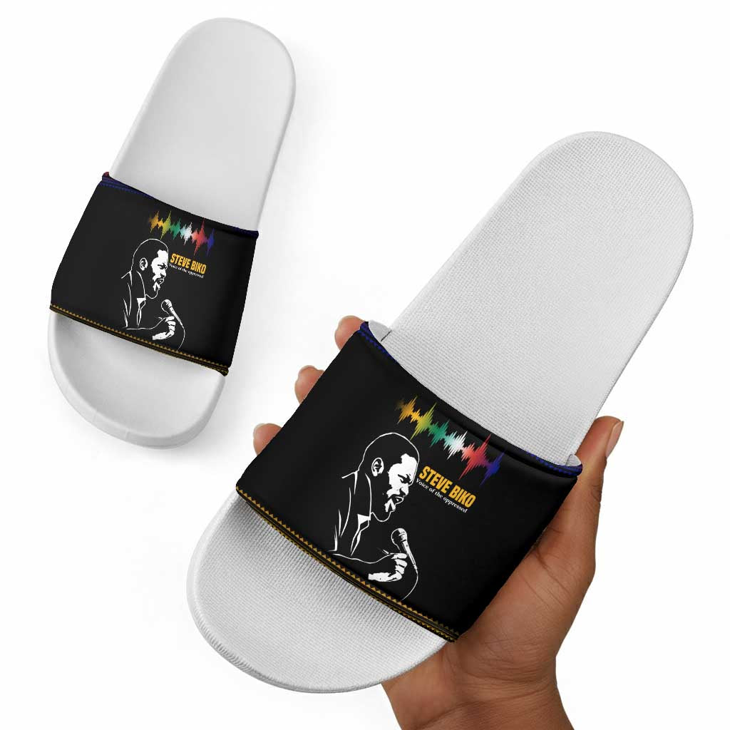 Steve Biko Slide Sandals with Microphone Portrait, Black Consciousness Quote and Vibrant Ethnic Wave - African Pride
