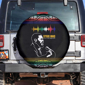 Steve Biko Spare Tire Cover with Microphone Portrait, Black Consciousness Quote and Vibrant Ethnic Wave - African Pride