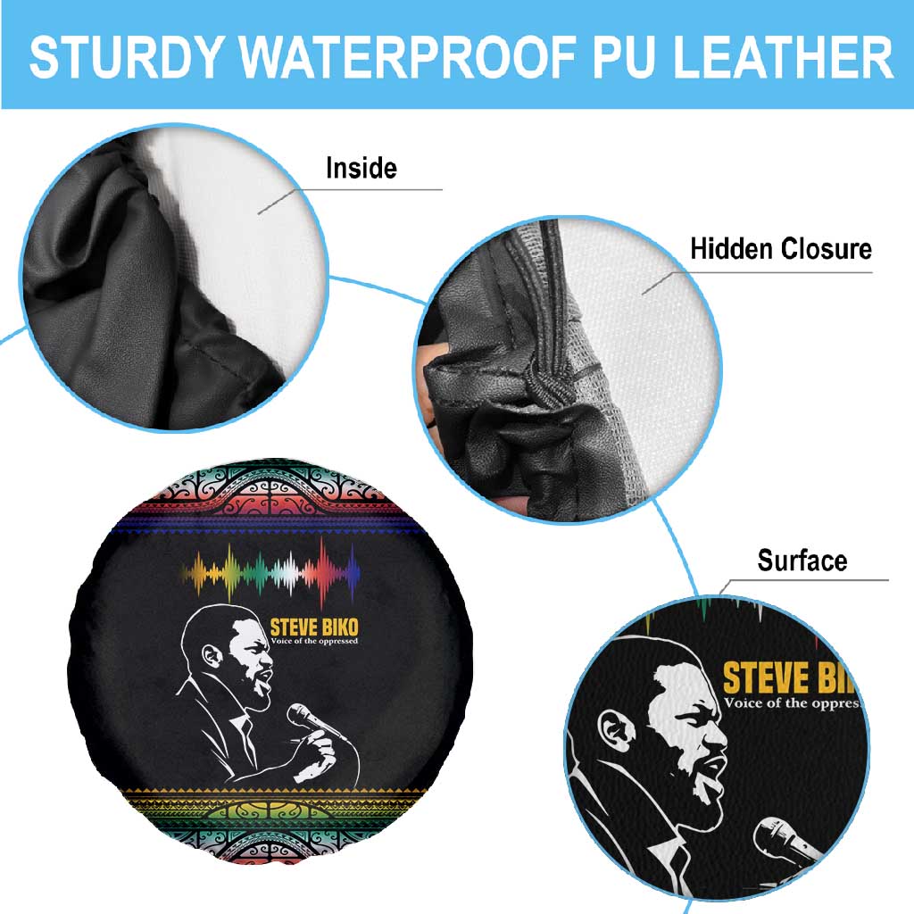 Steve Biko Spare Tire Cover with Microphone Portrait, Black Consciousness Quote and Vibrant Ethnic Wave - African Pride