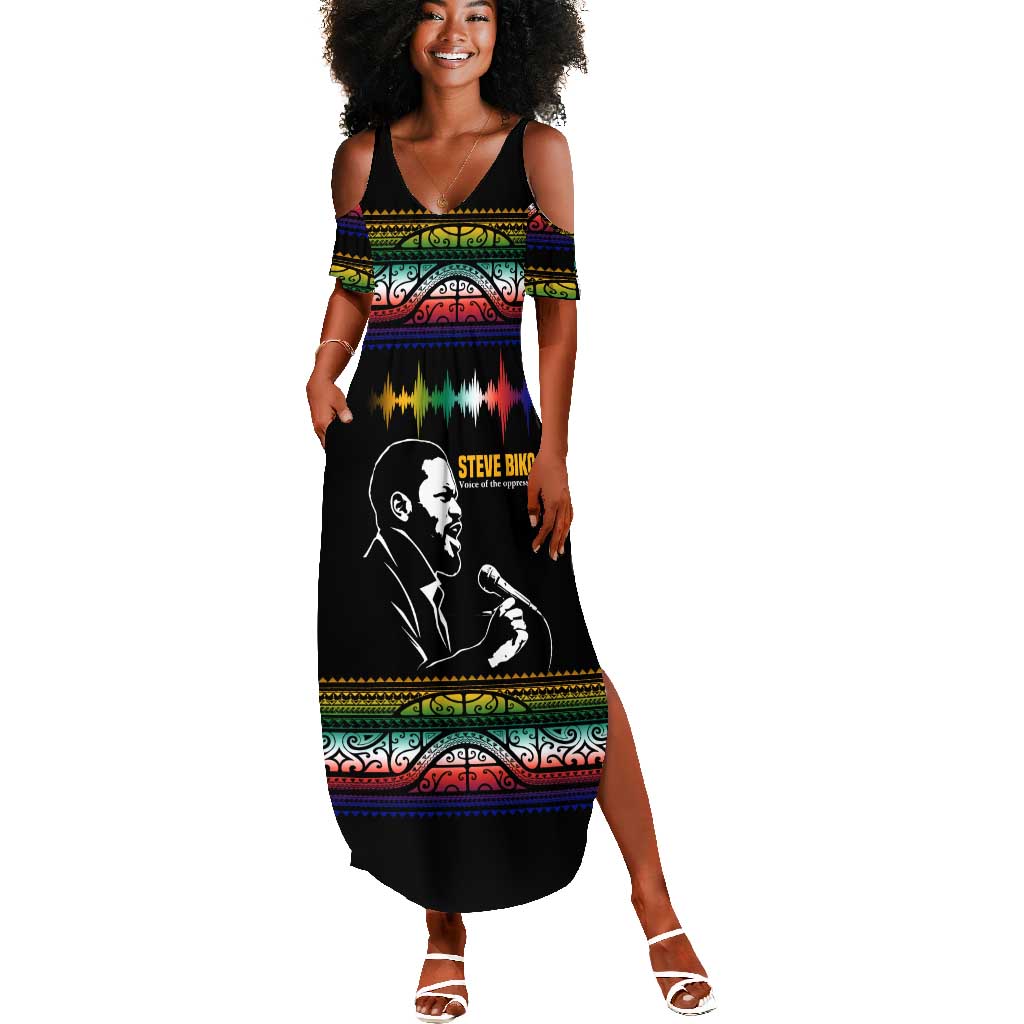 Steve Biko Summer Maxi Dress with Microphone Portrait, Black Consciousness Quote and Vibrant Ethnic Wave - African Pride