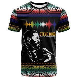 Steve Biko T shirt with Microphone Portrait, Black Consciousness Quote and Vibrant Ethnic Wave - African Pride