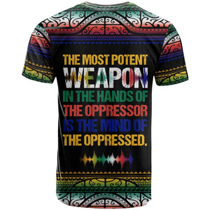 Steve Biko T shirt with Microphone Portrait, Black Consciousness Quote and Vibrant Ethnic Wave - African Pride