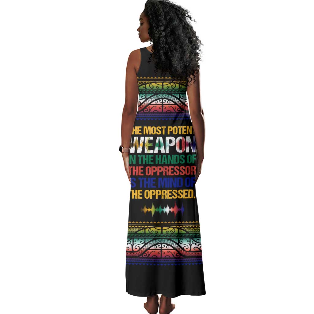 Steve Biko Tank Maxi Dress with Microphone Portrait, Black Consciousness Quote and Vibrant Ethnic Wave - African Pride
