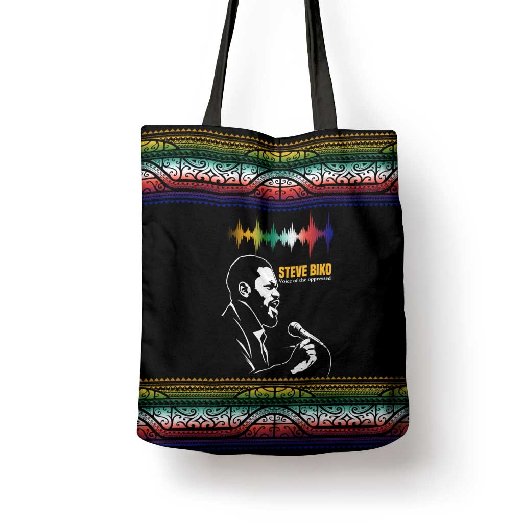 Steve Biko Tote Bag with Microphone Portrait, Black Consciousness Quote and Vibrant Ethnic Wave - African Pride