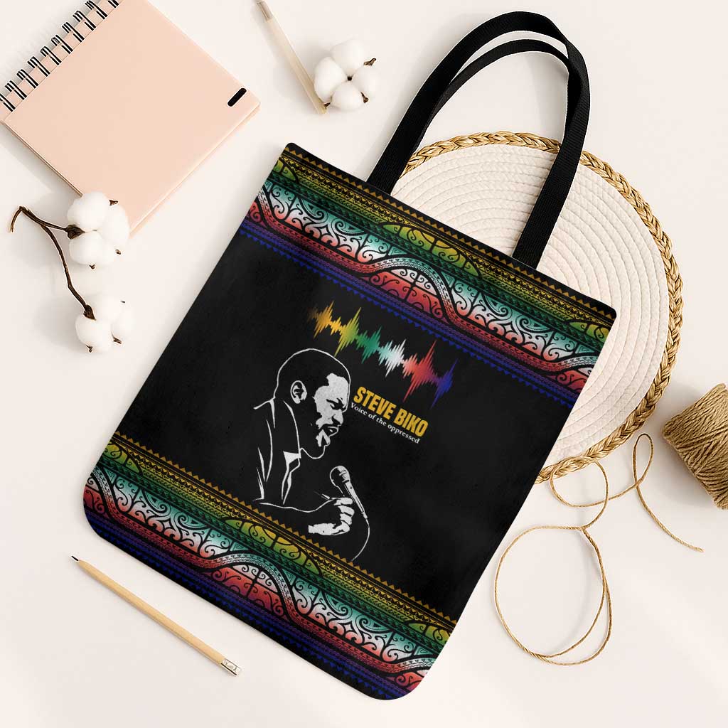 Steve Biko Tote Bag with Microphone Portrait, Black Consciousness Quote and Vibrant Ethnic Wave - African Pride