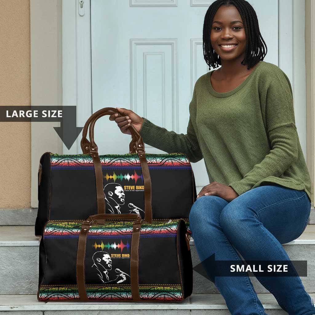 Steve Biko Travel Bag with Microphone Portrait, Black Consciousness Quote and Vibrant Ethnic Wave - African Pride