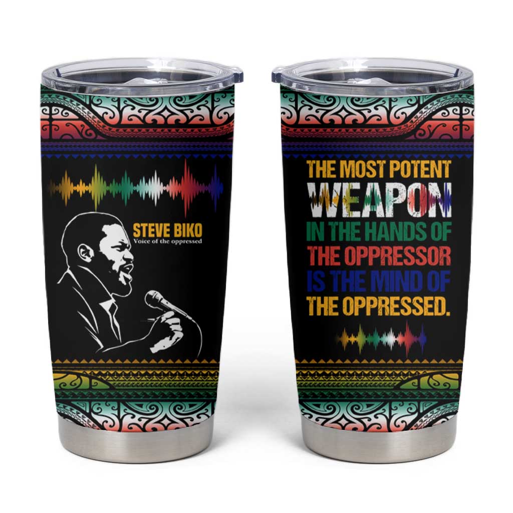 Steve Biko Tumbler Cup with Microphone Portrait, Black Consciousness Quote and Vibrant Ethnic Wave - African Pride