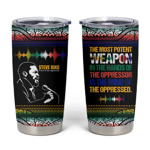 Steve Biko Tumbler Cup with Microphone Portrait, Black Consciousness Quote and Vibrant Ethnic Wave - African Pride