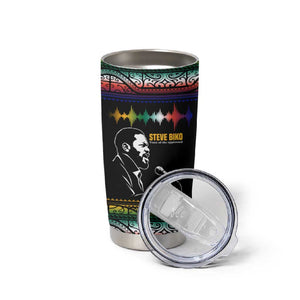Steve Biko Tumbler Cup with Microphone Portrait, Black Consciousness Quote and Vibrant Ethnic Wave - African Pride