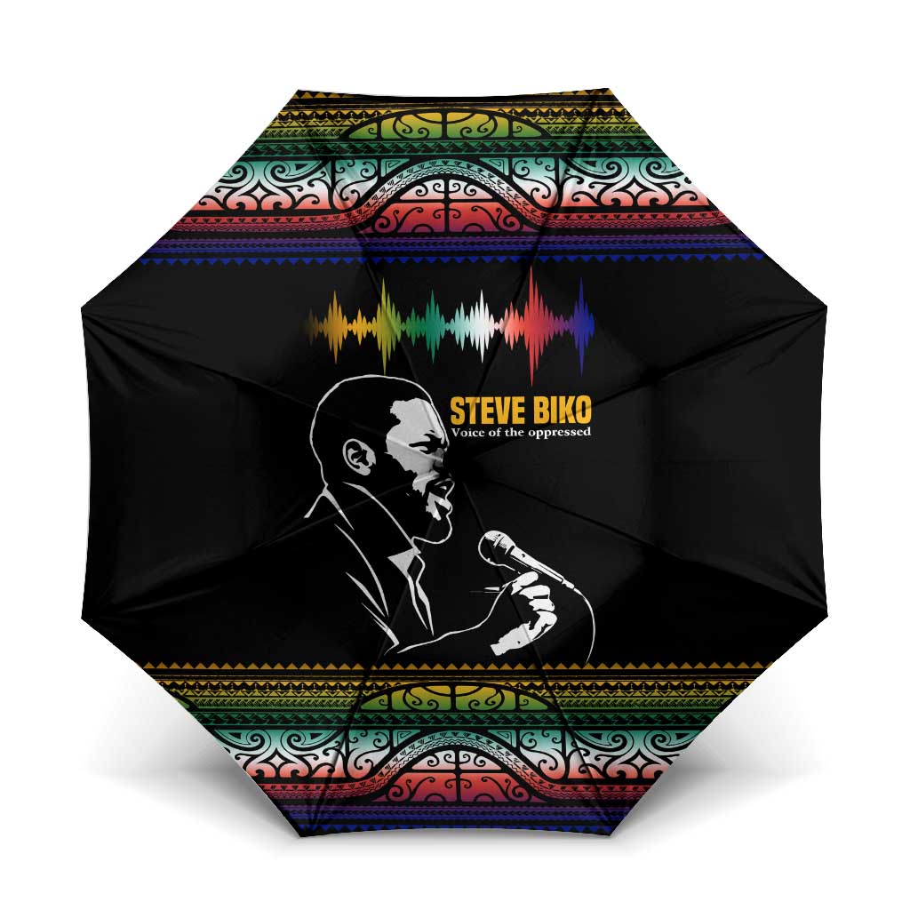 Steve Biko Umbrella with Microphone Portrait, Black Consciousness Quote and Vibrant Ethnic Wave - African Pride