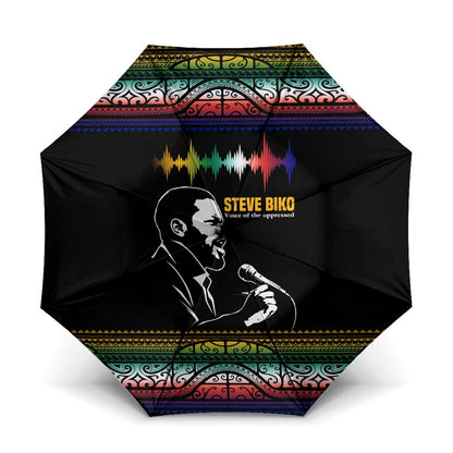 Steve Biko Umbrella with Microphone Portrait, Black Consciousness Quote and Vibrant Ethnic Wave - African Pride