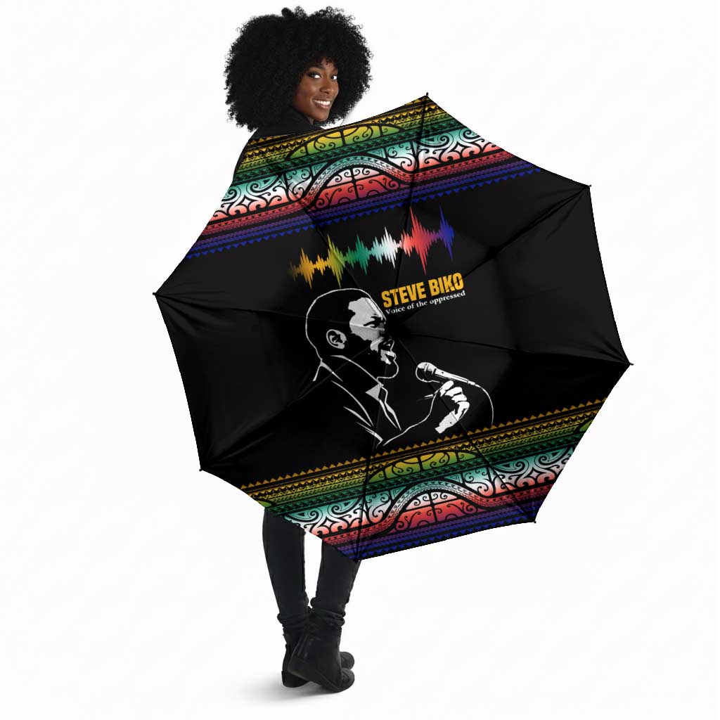 Steve Biko Umbrella with Microphone Portrait, Black Consciousness Quote and Vibrant Ethnic Wave - African Pride