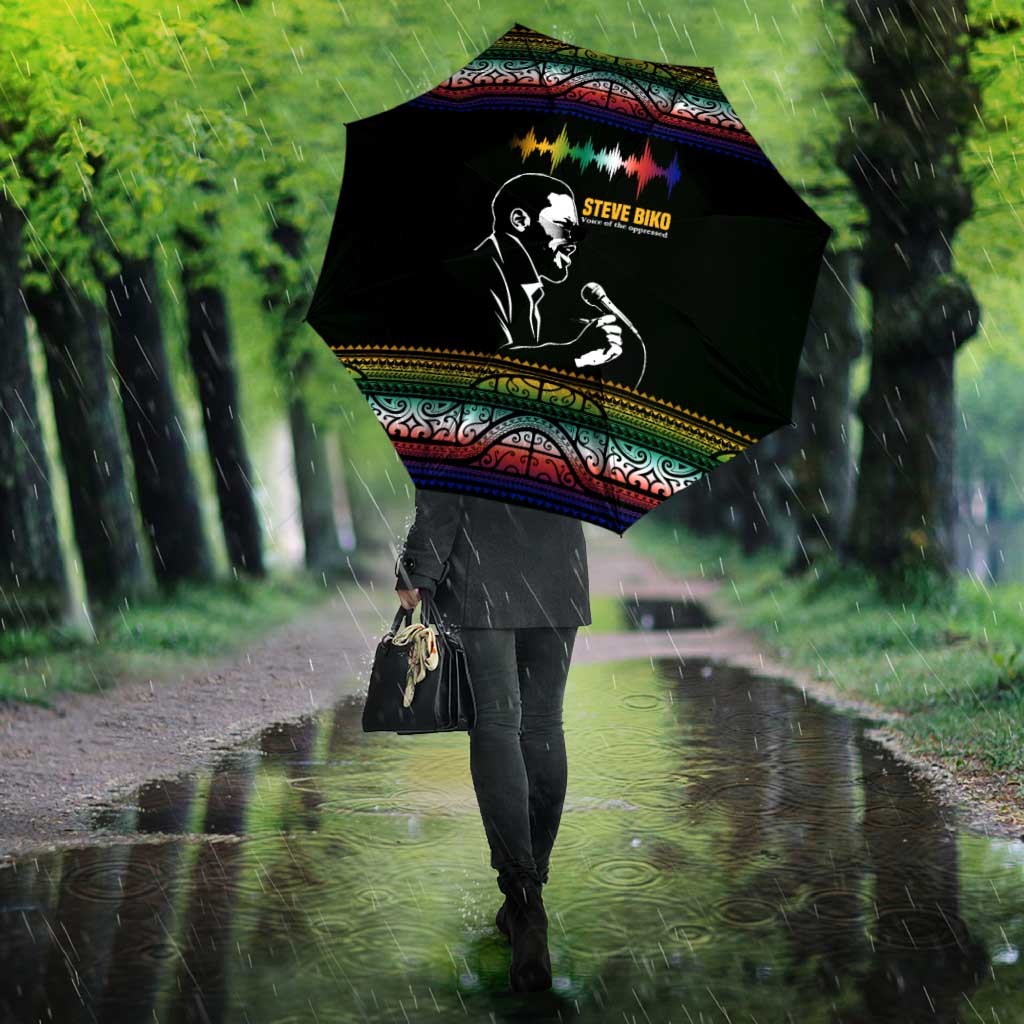 Steve Biko Umbrella with Microphone Portrait, Black Consciousness Quote and Vibrant Ethnic Wave - African Pride