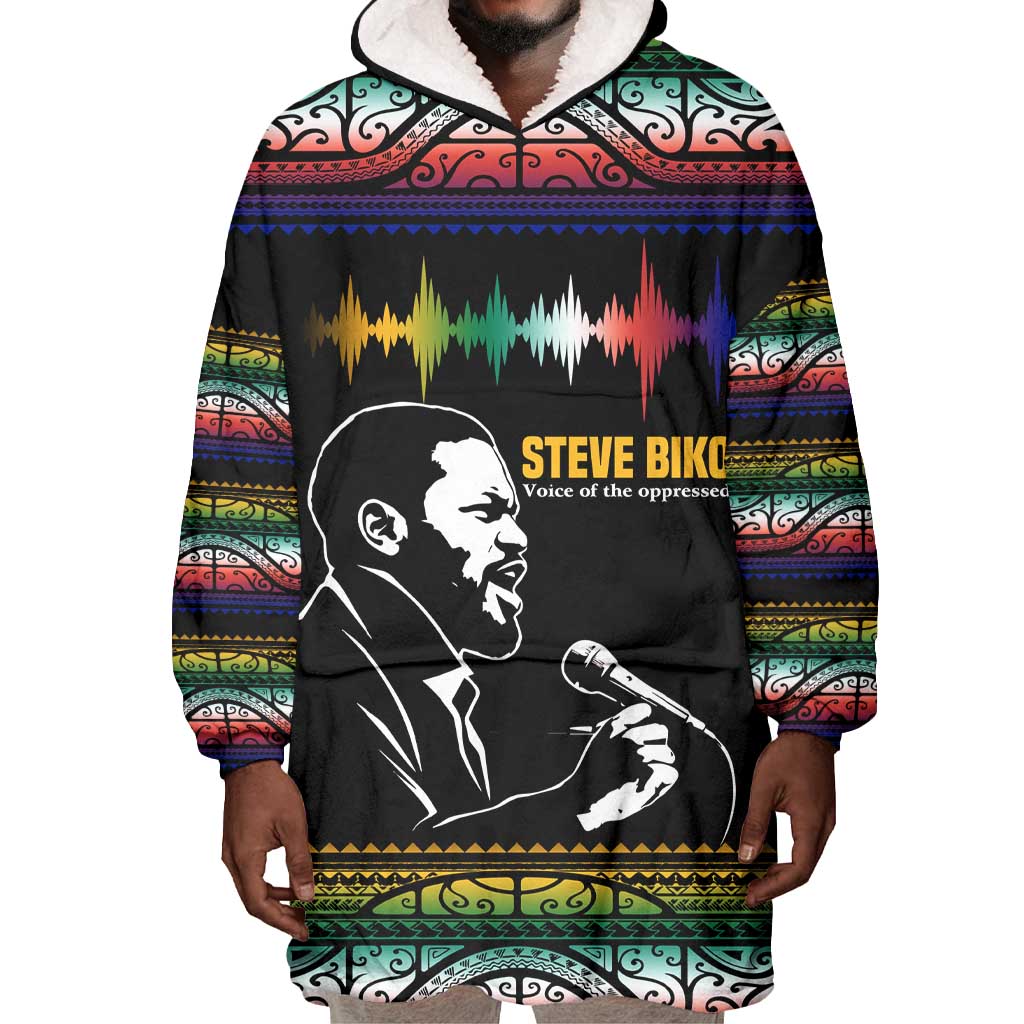 Steve Biko Wearable Blanket Hoodie with Microphone Portrait, Black Consciousness Quote and Vibrant Ethnic Wave - African Pride