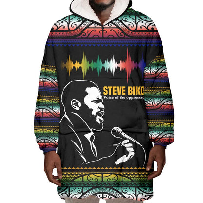 Steve Biko Wearable Blanket Hoodie with Microphone Portrait, Black Consciousness Quote and Vibrant Ethnic Wave - African Pride