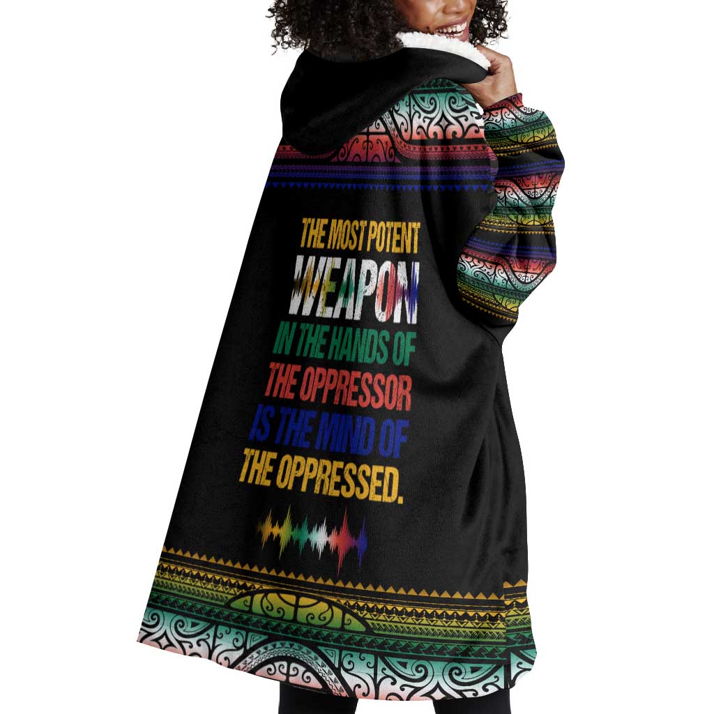 Steve Biko Wearable Blanket Hoodie with Microphone Portrait, Black Consciousness Quote and Vibrant Ethnic Wave - African Pride