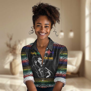 Steve Biko Women Casual Shirt with Microphone Portrait, Black Consciousness Quote and Vibrant Ethnic Wave - African Pride