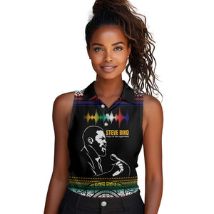 Steve Biko Women Sleeveless Polo Shirt with Microphone Portrait, Black Consciousness Quote and Vibrant Ethnic Wave - African Pride