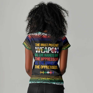 Steve Biko Women V-Neck T-Shirt with Microphone Portrait, Black Consciousness Quote and Vibrant Ethnic Wave - African Pride