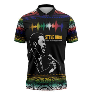Steve Biko Zipper Polo Shirt with Microphone Portrait, Black Consciousness Quote and Vibrant Ethnic Wave - African Pride