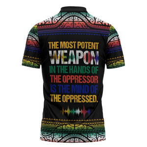 Steve Biko Zipper Polo Shirt with Microphone Portrait, Black Consciousness Quote and Vibrant Ethnic Wave - African Pride